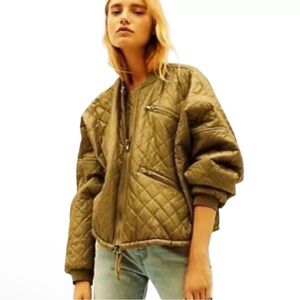 Free People Quilted Oversized Satin Bomber Jacket Size Medium Green Boxy